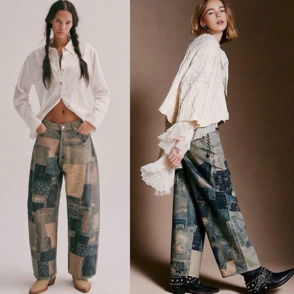 NWT Free People Illusion Patchwork barrel jeans